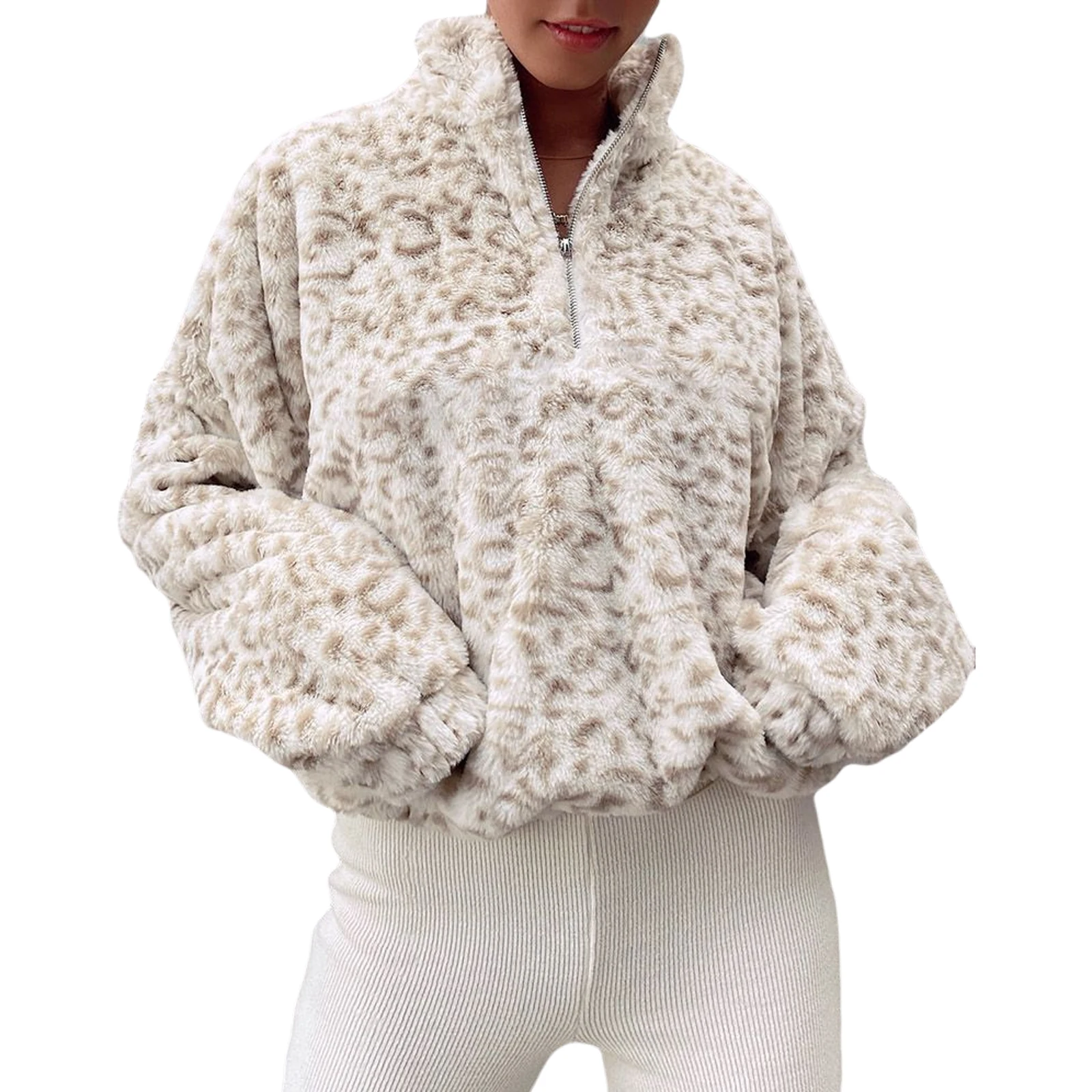 

Women Pullover High Collar Hoodies Long Sleeve Top Zipper Collar Leopard Printed Clothes for Female