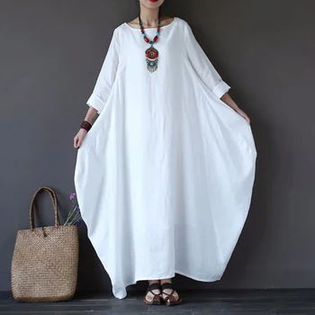 

Female spring and autumn temperament large size loose solid color seven-point sleeve dress retro literary dress gown