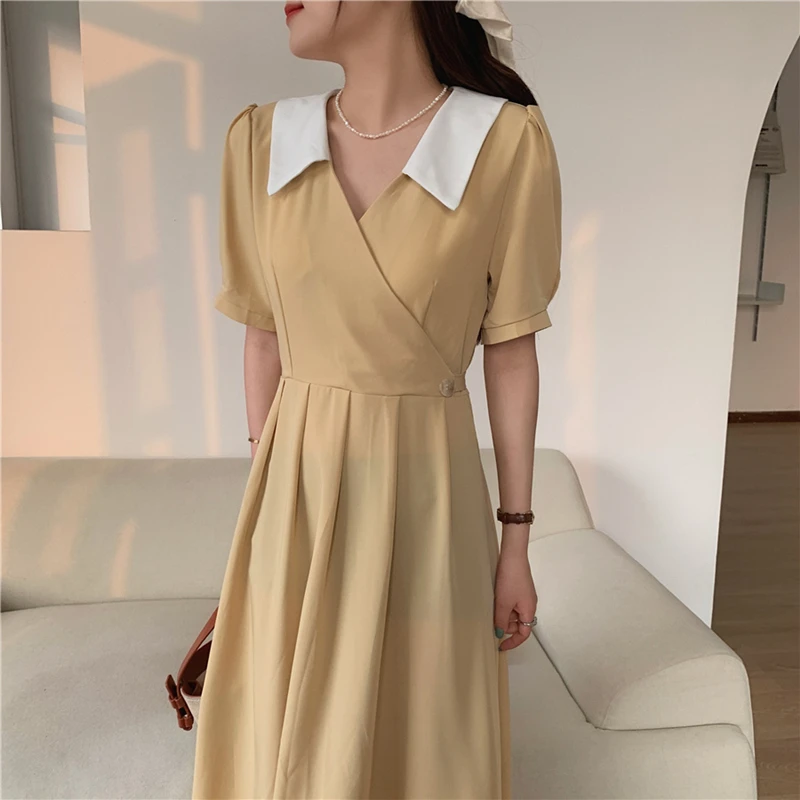 Summer Women French Elegant Turn Down Collar Puff Sleeve Dress Casual ...