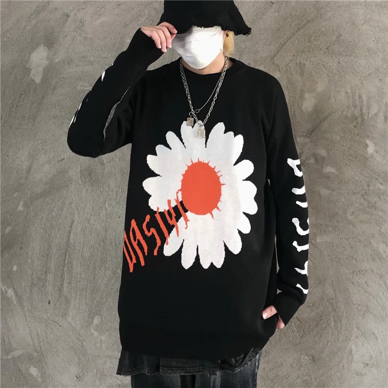 Woherb, Harajuku, контрастные цвета, свитера для женщин, осень, зима, Повседневный, черный, вязаный свитер, цветок, жаккард, для женщин, мужчин, пуловер, джемпер