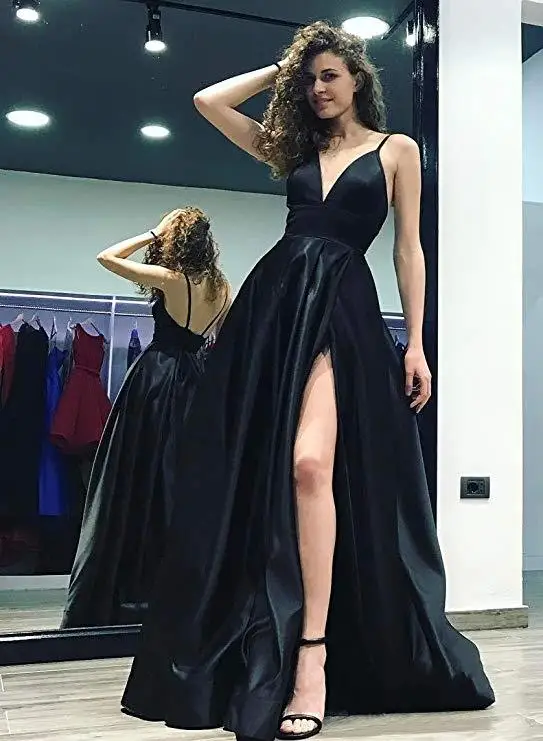 Sexy Long Black Satin Evening Dresses Spaghetti Straps Front High Slit Prom Dress V-neck Simple Women Special Occasion Gowns |