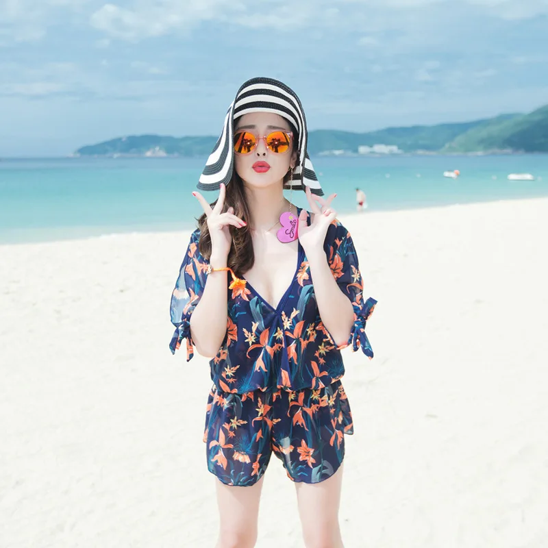 

New Style Bathing Suit Women's Underwire Push up One-piece Triangular Two-Piece Blouse Large Size Slimming Swimwear