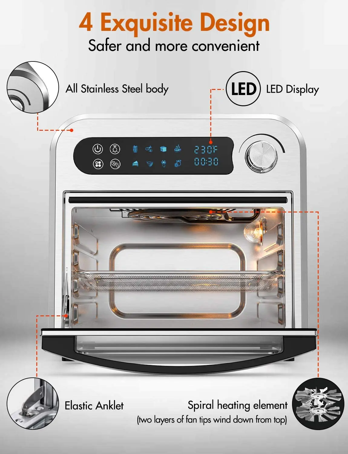MOOSOO Air Fryer Oven 10.6 QT Air Fryer Toaster Oven Combo with Digital Screen 8 in 1 Convection Oven Mechanical Timer Control - Image 4