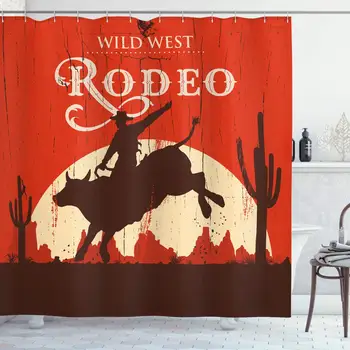 

Vintage Shower Curtain, Rodeo Cowboy Riding Bull Wooden Old Sign Western Style Wilderness at Sunset Image, Cloth Fabric Bathroom