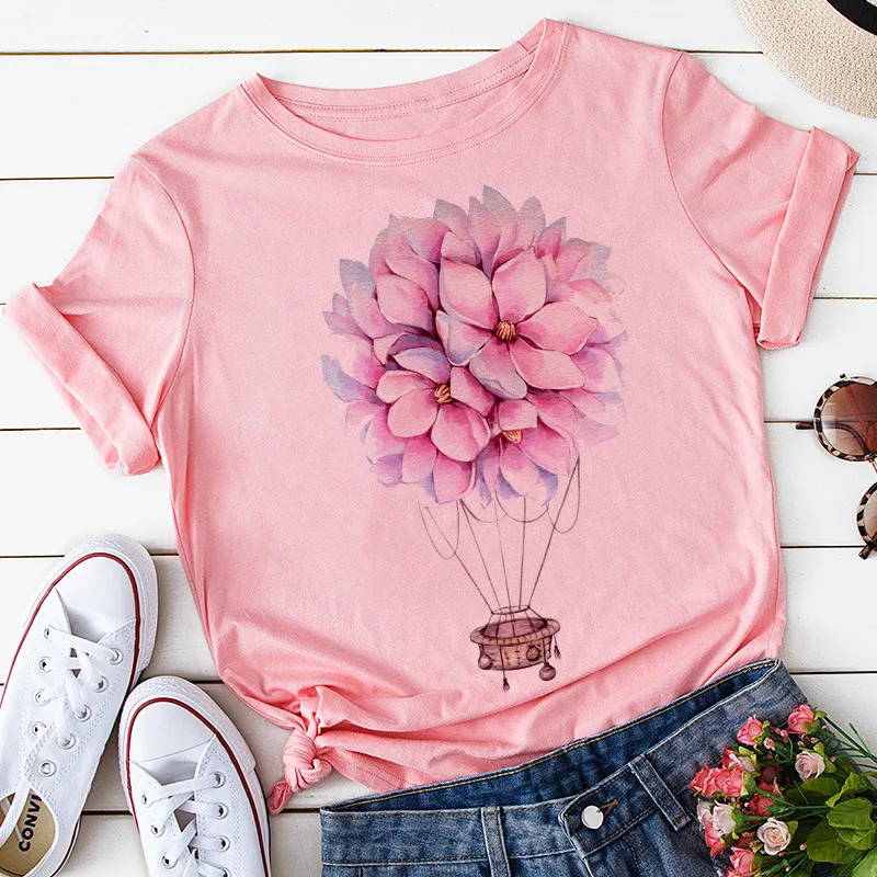 

Hot Air Balloon Floral Print Pink T Shirt Women Short Sleeve O Neck Loose Tshirt Women Tee Shirt Tops Clothes Camisetas Mujer