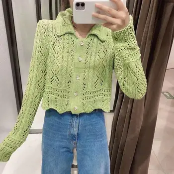 

2020 autumn new style jacquard mesh cloth knitted jacket holiday style slimming knit sweater top women