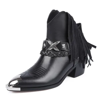 

Runway Metal Tod Ankle Boots Tassels Chelase Boots Woman Chunky Heel Emboridery Western Boots Female Cowboy Retro Short Booties