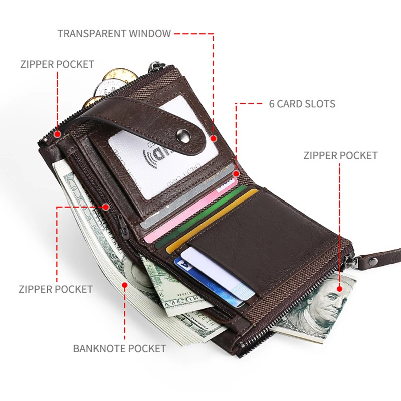 

2020 New Genuine Leather Double zipper Men Wallets Coin Purse Male Money Bag Quality Designer Mini Cash Carteira