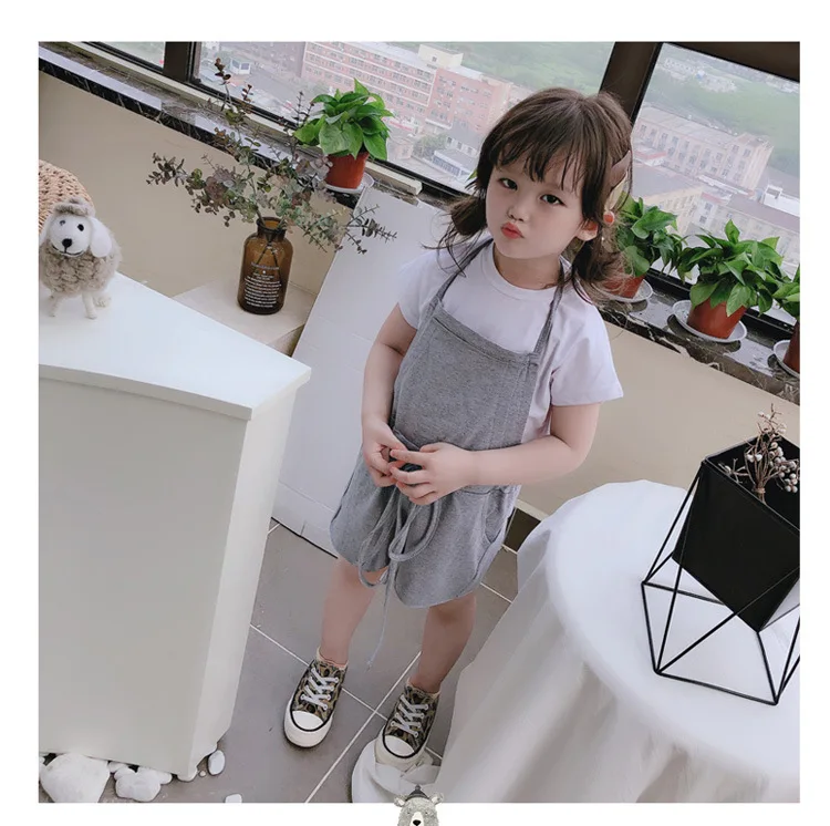 

2019 Summer New Style Girls Baby Solid Color Tops + Elastic Corset Suspender Pants Children Two-Piece Set P8596