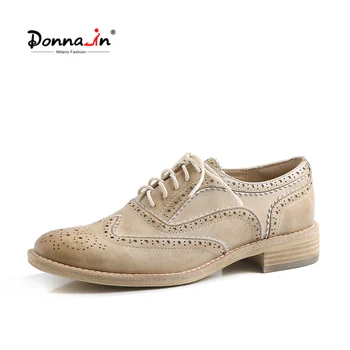 

Donna-in Genuine Leather Shoes Women Oxfords Brogue Spring Summer Lace Up Low Heels Shoes Retro Classic British Style Footwear