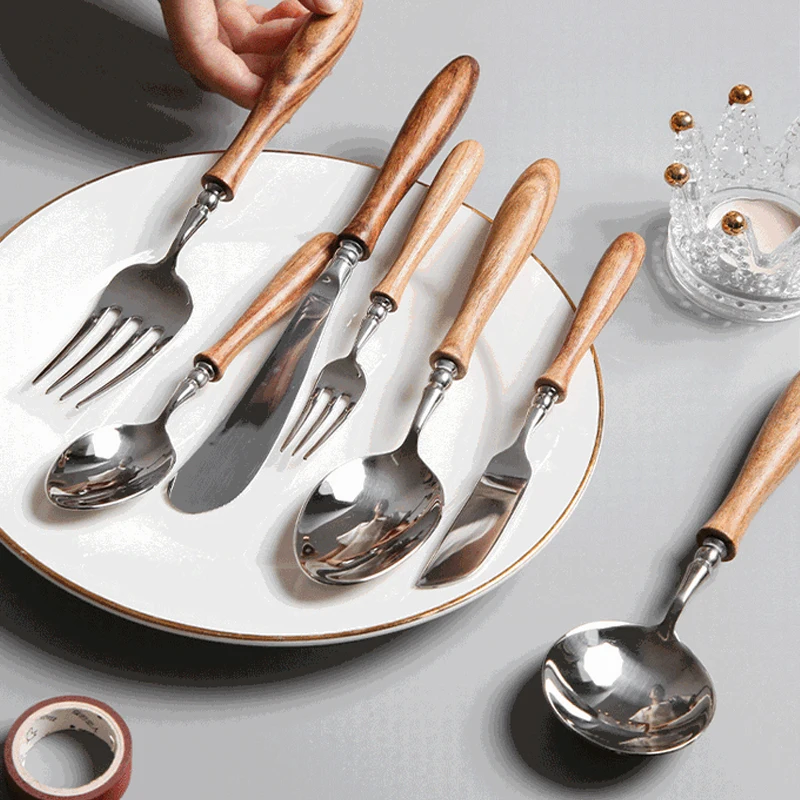 Wooden Handle Tableware Set 304 Stainless Steel Metal Head Easy to Clean Steak Cutlery set cutlery set western style cutlery set stainless steel cutlery set