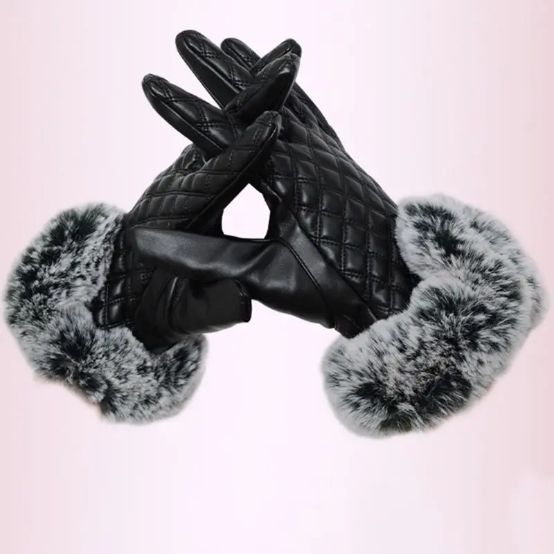 Женские зимние из искусственной кожи плюшевые перчатки полный палец Сенсорный экран варежки на подкладке