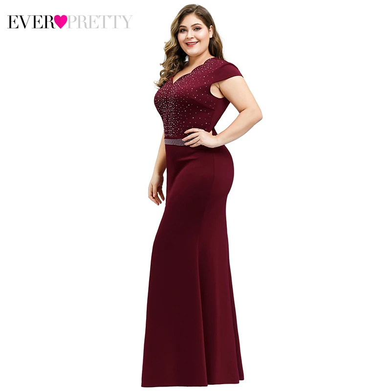 Вечерние платья размера плюс Бургундия для женщин Ever Pretty EP07623BD Русалка v-образным вырезом бисером элегантные платья для вечеринки Vestido Comprido