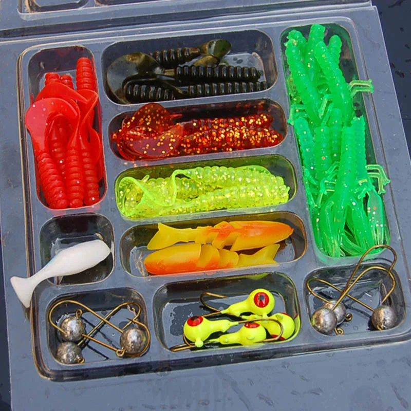 35Pcs Soft Worm Fishing Bait Lure+10Pcs Lead Jig Head Hooks Combo Set Artificial Fishing Tackles FOU99