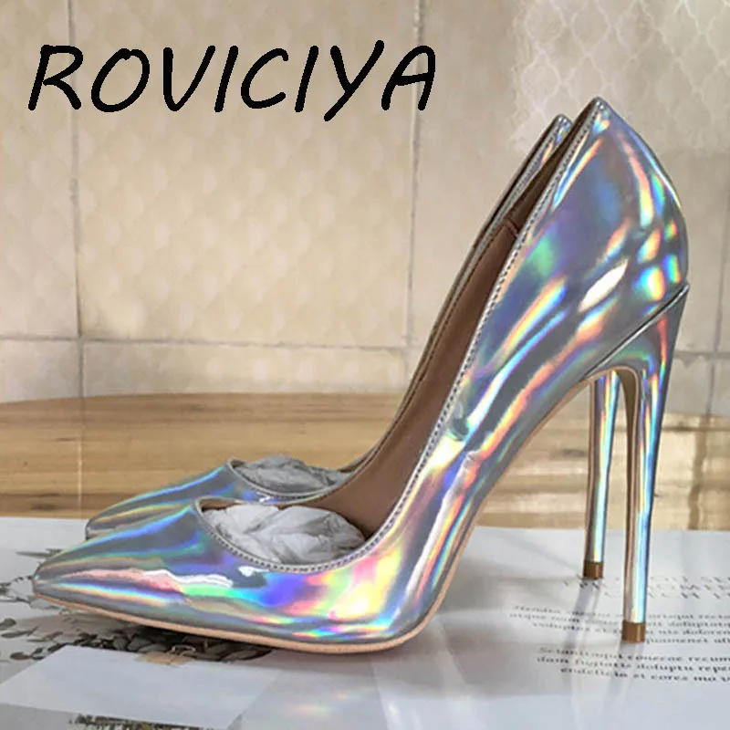 

Pointed Toe Silver 12 cm High Heels Pumps Women Shoes Patent Leather Prom Wedding Shoes plus size QP047 ROVICIYA