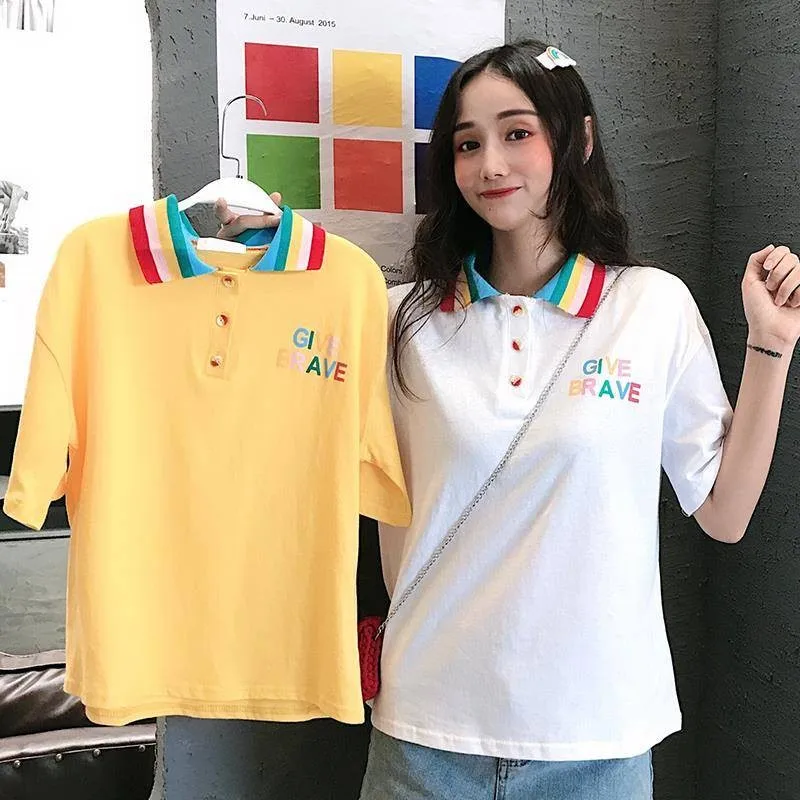 

NiceMix Summer T-Shirt Women Rainbow Turn Down Collar Short Sleeve Loose Top Tee New Fashion Sweet Cute Stuff Casual Basic T-Shi