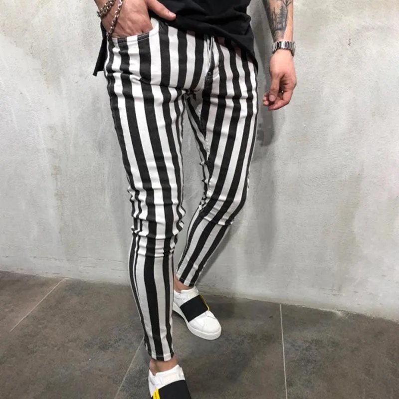 Summer Men's Fashion Slim Comfortable Striped Black White Casual Pants
