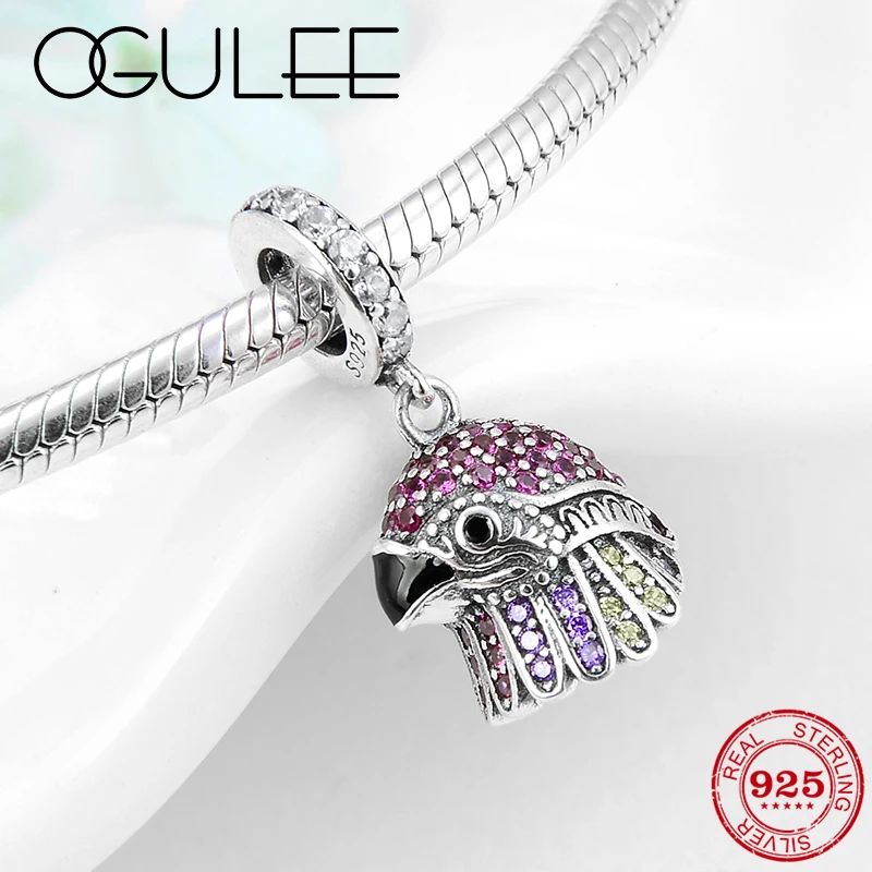 

New Real 925 Sterling Silver Brave eagle Sparkling colorful CZ Charms Pendant Fit Original Pandora Charm Bracelet Jewelry making