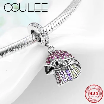 

New Real 925 Sterling Silver Brave eagle Sparkling colorful CZ Charms Pendant Fit Original Women Charm Bracelet Jewelry making