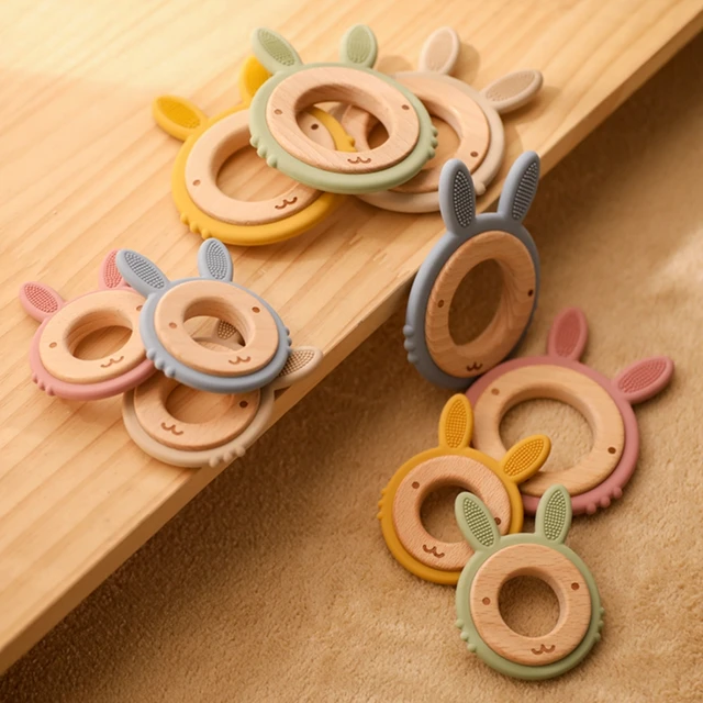 New Animal Rabbit Silicone Teether Baby Oral Care Products 1Pcs Big Teether BPA-Free Beech Wooden Rattle Teething Toys For Kids 6