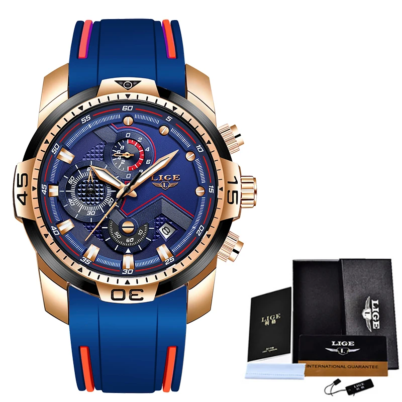 Rose gold blue LIGE, новинка, модные мужские часы, Топ бренд, Роскошные, силиконовый ремешок, часы для мужчин, спортивные часы, большой циферблат, кварцевые наручные часы, Relogio Masculino - Цвет: Rose gold blue