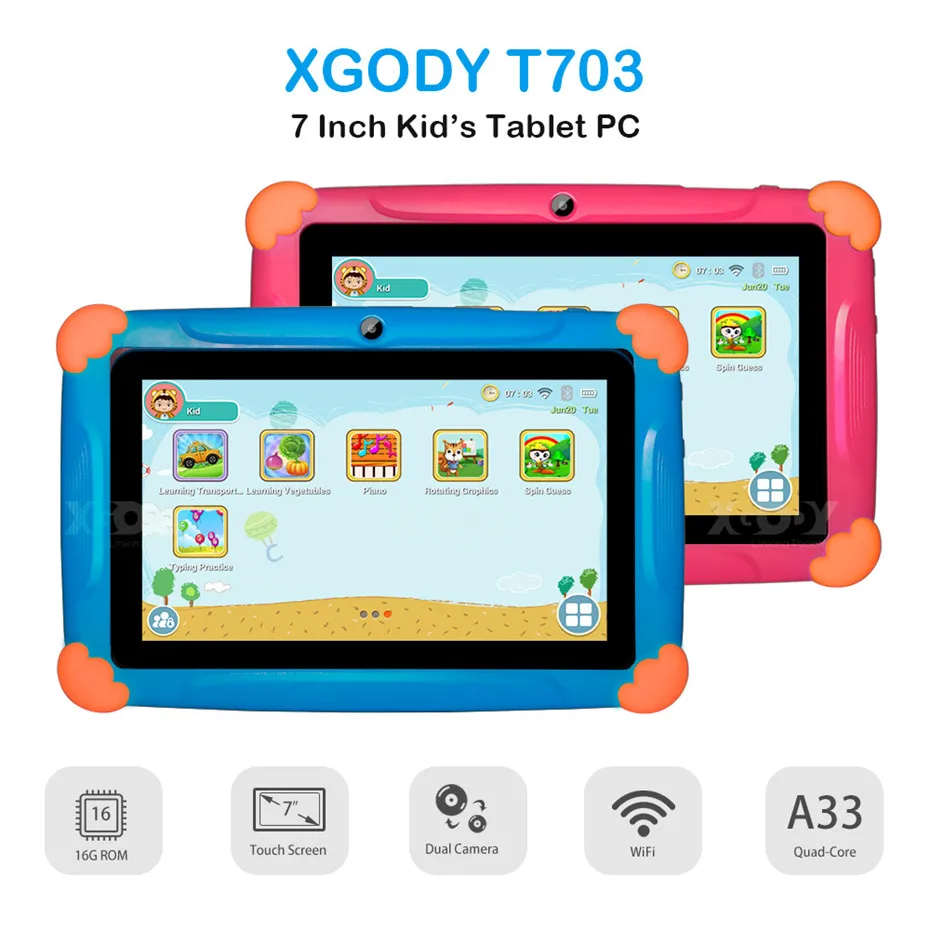 XGODY T703 Детский планшетный ПК Android 8,1 Рождественский подарок 7 дюймовый детский планшет 1 Гб+ 16 Гб четырехъядерный 1024*600 HD сенсорный экран планшеты