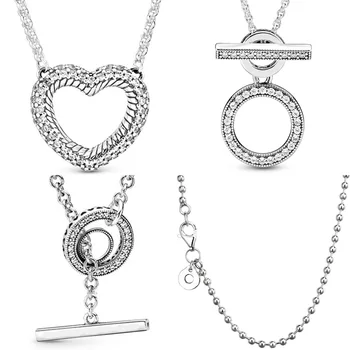 

100% 925 Sterling Silver Snake Chain Pattern Open Heart Collier Polished Ball Hoop T-bar Necklace Fit Fashion Charm Diy Jewelry