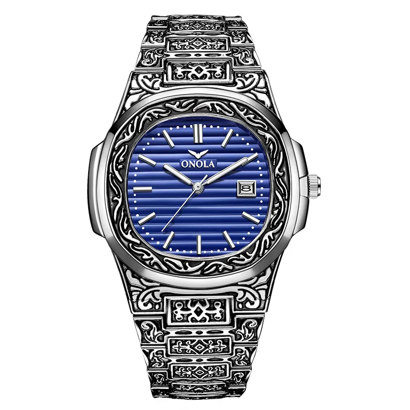 Мужские кварцевые часы, стальные Водонепроницаемые Ретро часы с гравировкой, браслет на ремешке с застежкой-бабочкой, мужские деловые часы, мужские часы - Цвет: Silver blue
