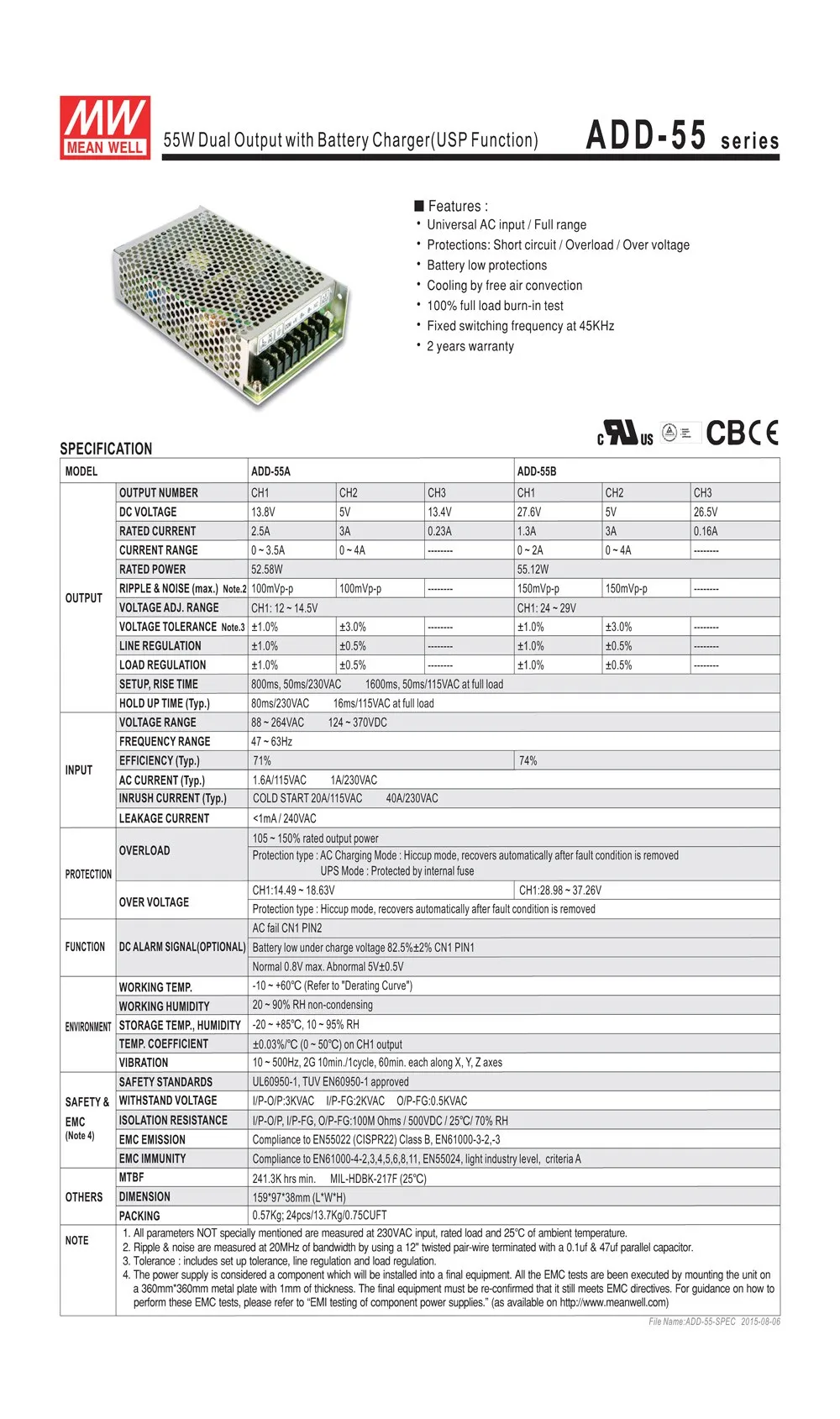MEAN WELL ADD-55A 50 Вт импульсный источник питания 13,8 В 5 в 13,4 В DC 2.5A 3A 0.23A батарея зарядное устройство UPS функция