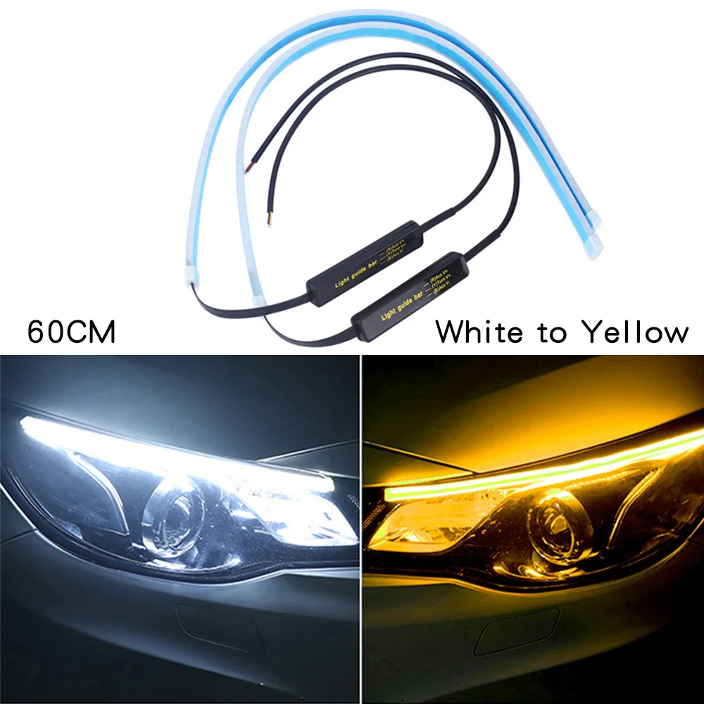 60CM White 2x ультратонкие DRL светодиодный дневные ходовые огни динамический сигнал поворота желтая направляющая полоса для сборки фар автомобильные аксессуары - Цвет: 60CM White