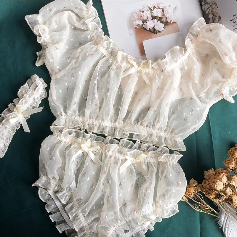 Женское сексуальное нижнее белье Babydoll цветочный милый искушение ультра-тонкий марлевый плиссированный с открытыми плечами рукава ноги кольцо сексуальная пижама - Цвет: QQNY65-Beige