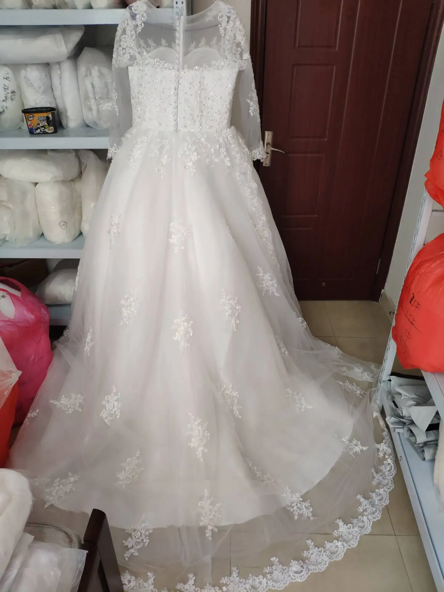 Fansmile роскошное кружевное платье с вышивкой Vestido De Novia, свадебное платье с длинными рукавами, элегантное платье с шлейфом, большие размеры, свадебные платья, FSM-035T