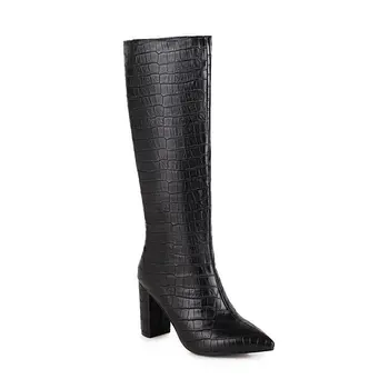 

2021 New Keep Warm Knee High Boots Autumn Winter PU Leather Women Shoes Pointed Toe Fashion High Heel Woman Boots Size 34-43