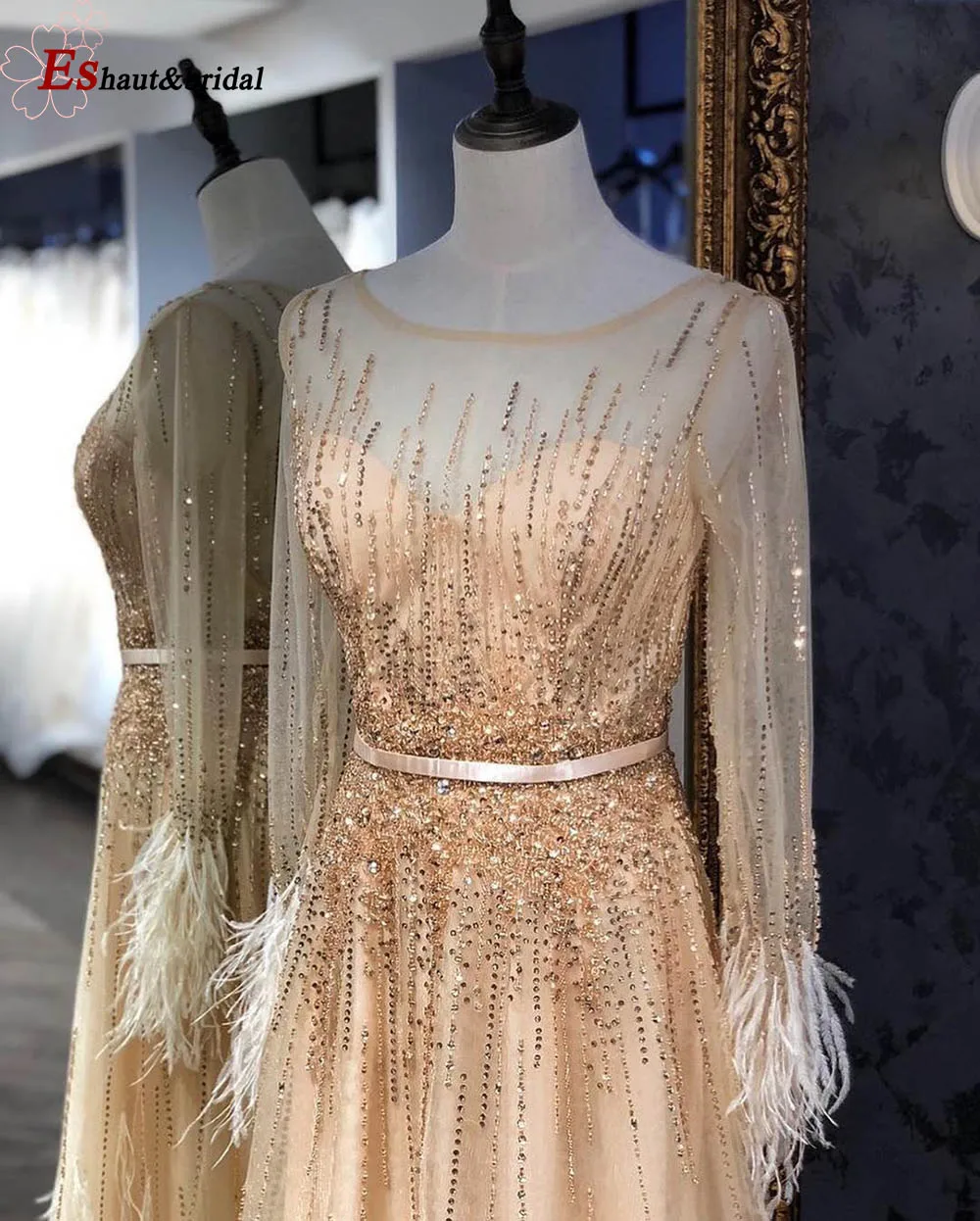 Long Sleeves Evening Dress 2020 Oneck Aline Luxury Feather Beads