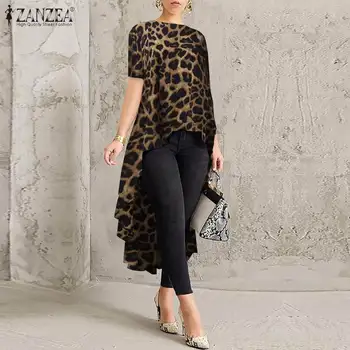 

Plus Size Women's Leopard Printed Shirts 2020 ZANZEA Fashion Asymmetrical Blouse Short Sleeve Blusas Female Tops Casual Tunic