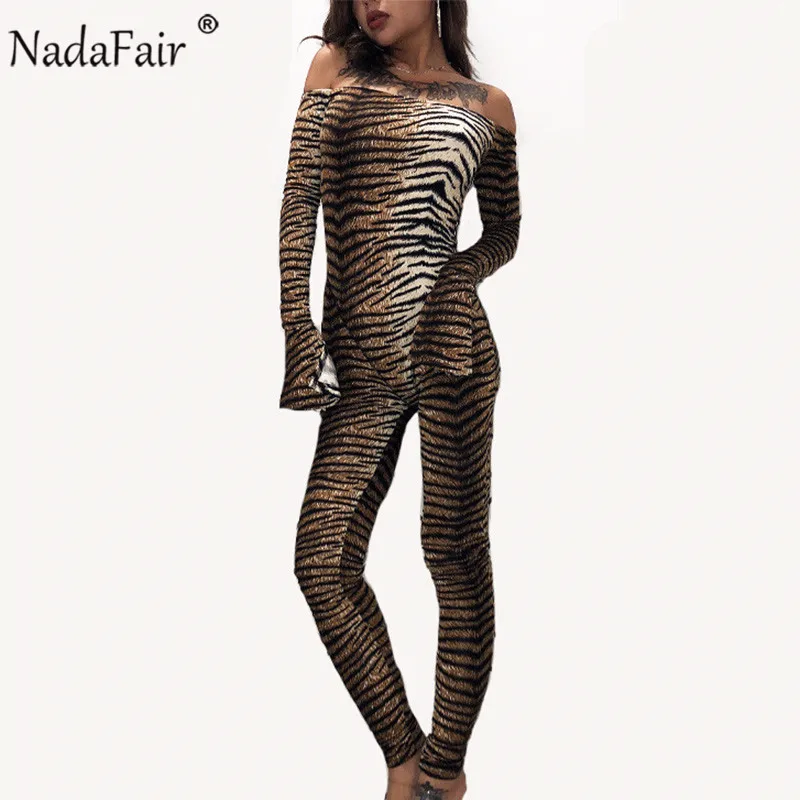 Nadafair Off Shoulder Tiger Bodycon Sexy Jumpsuit Animal Print Long Sleeve Autumn Winter Jumpsuits Women Rompers Streetwear