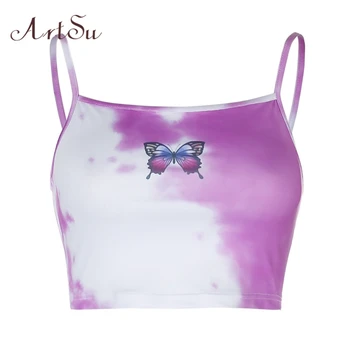 

Artsu 2020 Summer Butterfly Tie Dye Print Camis Top Casual Sleeveless Purple Crop Tops Tees Women Beach Mini Vest Tee Clothes
