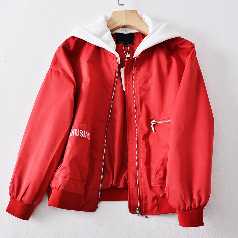 

Wy101 Autumn New Products Casual Lettered Embroidered Hooded Zipper Baseball Uniform Jacket Red Coat