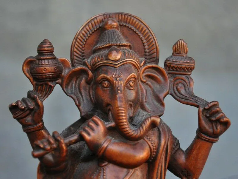wedding decoration 6"Old Tibet Boxwood wood Carved Buddhism Elephant Jambhala Ganesha Buddha Statue