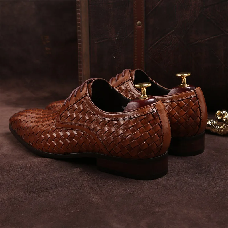 Men First Layer Genuine Cowhide Woven Business Dress Casual Shoes Inner Soft Warm Pigskin Leather Retro British Men's Shoes