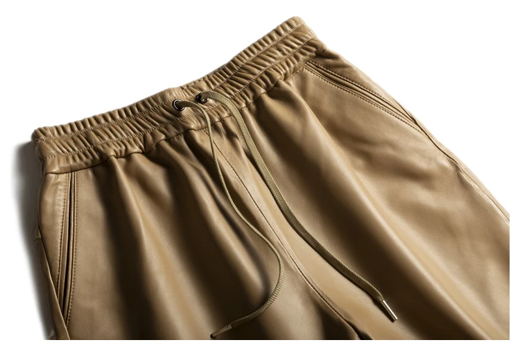 Capable Fashionable Stylish 100% Leather Five-Point Pants For Women Femme Elastic Waist Wide Leg Bermuda Shorts With Pocket