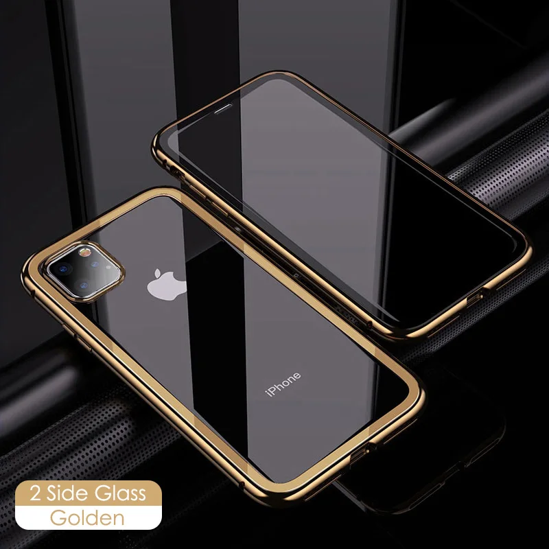Akcoo Магнитный адсорбционный металлический чехол для телефона для iPhone 11 Pro Max переднее и заднее закаленное стекло для iPhone 6S 7 8 XR XS Max чехол - Цвет: Golden
