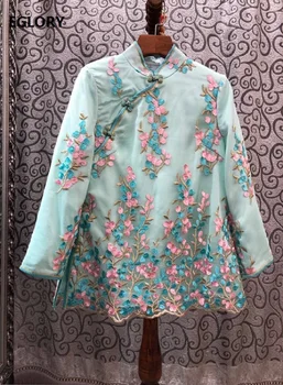 

New 2020 Spring Autumn Fashion Tops Blouse Women Sexy Sheer Mesh Embroidery Qipao Button 3/4 Sleeve Casual Vintage Tops Green