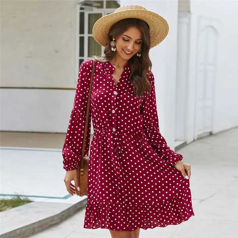 

Vintage Ruffles Dot Print Dress Women Full Sleeve Stand Collar Button Slim Casual Spring Summer Dress Female 2020 New