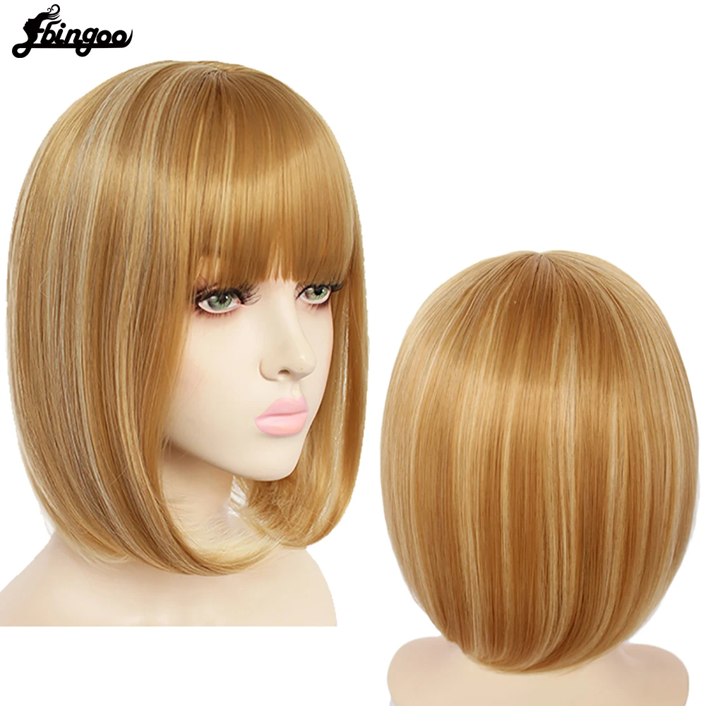 Ebingoo Synthetic Wig Short Straight Bob Wig Ombre Blonde Bayalage with Air Bangs Fringe Synthetic Machine Made Wigs for Women ebingoo synthetic13inch straight blue 613 blonde color with bangs full machine made wig heat resistant fiber cosplay hair wigs