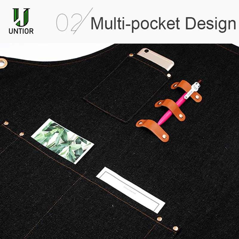 UNTIOR Denim Apron Fashion Cooking Kitchen Chef Waiter Cafe Shop BBQ Hairdresser Removable Denim Tools Apron For Woman Men
