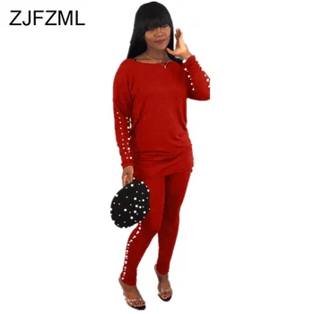 

Beaded Embellish Two Piece Matching Set Women Club Outfits O Neck Long Sleeve Top+Bandage Pants Autumn Winter 2 Piece Tracksuit