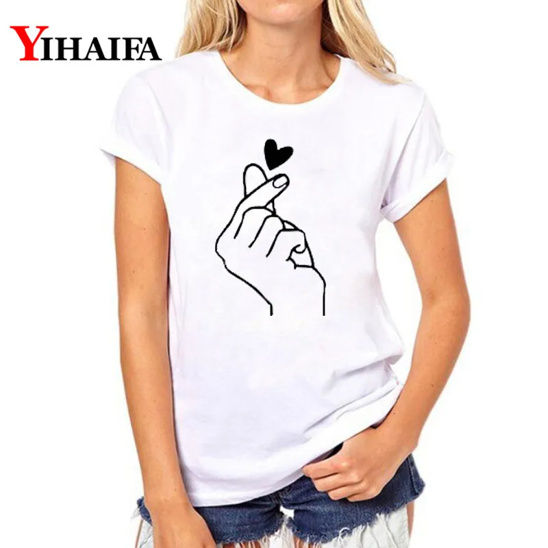 

YIHAIFA New Women gym blusa T-shirt Finger Love Heart Print Graphics Tee Summer Mujer White T Shirts Pullover Tops
