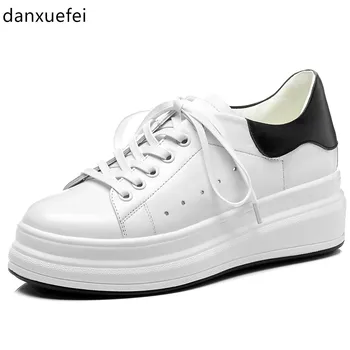 

Women's genuine leather thick sole platform flats sneakers leisure soft comfortable espadrilles casual lace-up round toe shoes