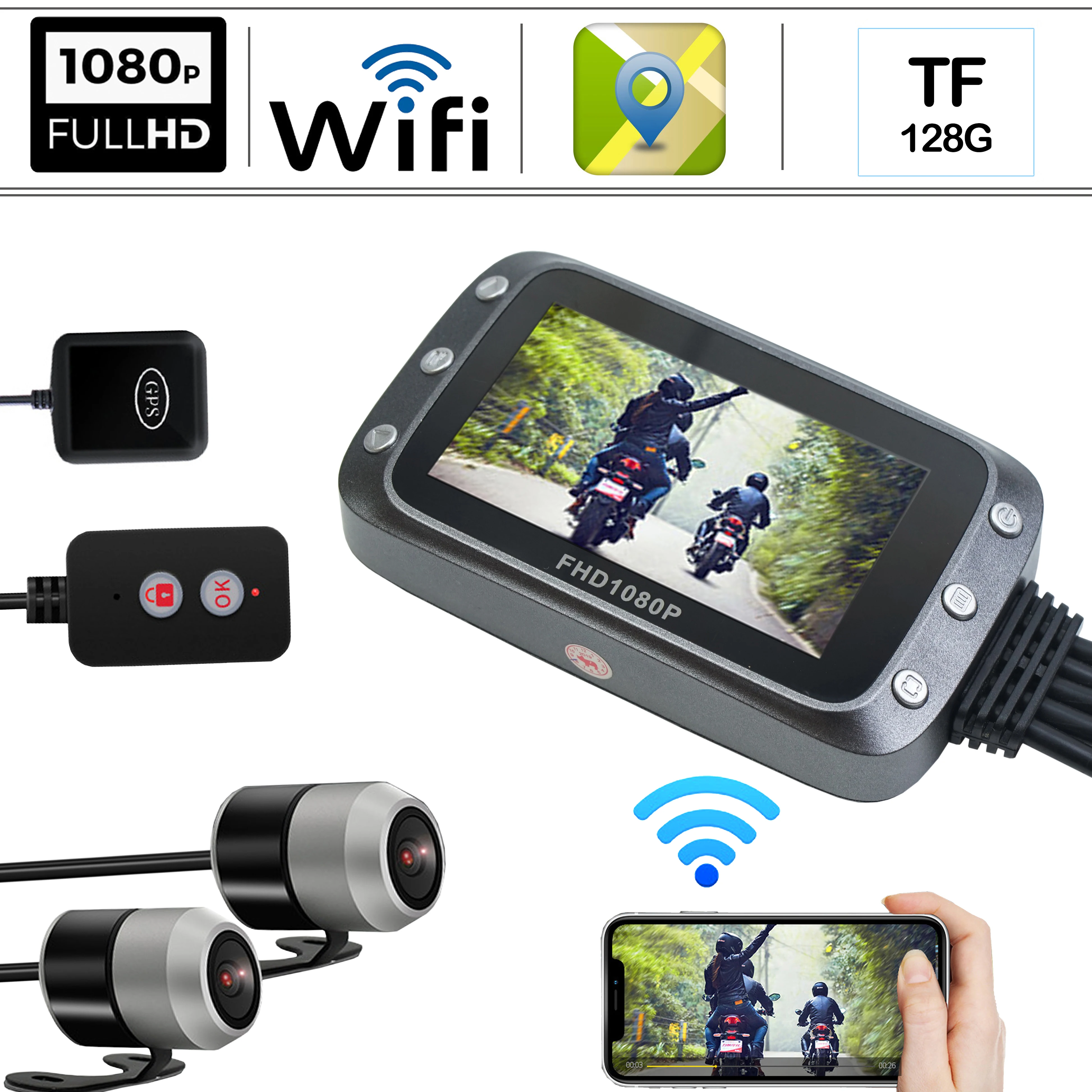 Wifi 1080P Водонепроницаемая hd камера мотоциклетный видеорегистратор передняя